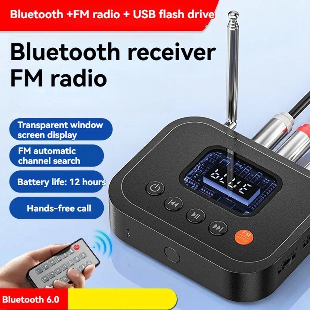 (A75T) 2in1 블루투스 6.0 오디오 수신기 FM 라디오 3.5mm AUX/USB/U 디스크 블루투스 어댑터(스피커 TV PC용 LCD 디스플레이 포함)