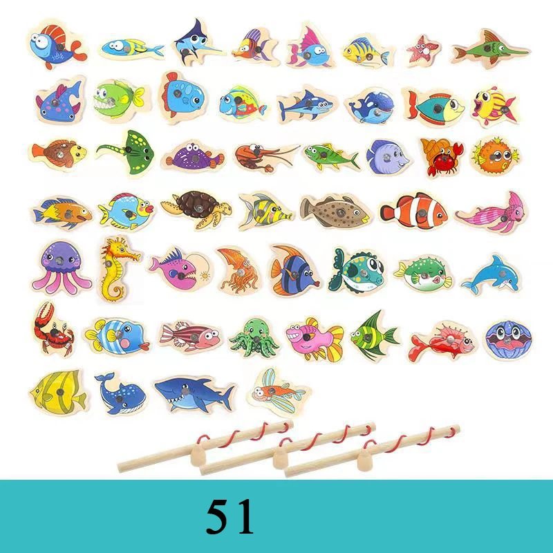 Wooden Fishing Toys For Children Magnetic Marine Life Cognition Fish Games Parent-Child Interactive Educational wooden toy