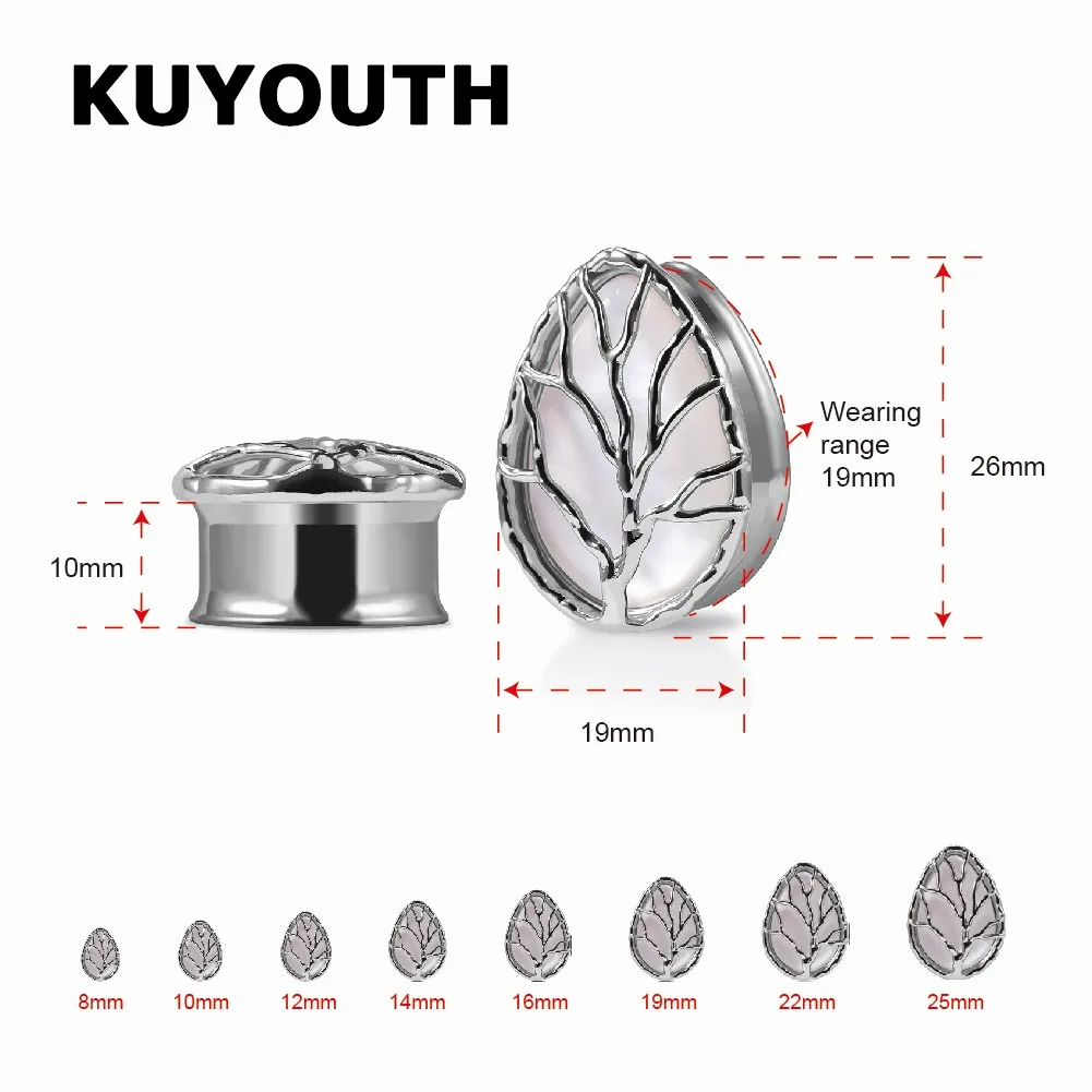 KUYOUTH Neue Edelstahl Shell Lebensbaum Tropfen Form Ohr Ohrring Messgeräte Piercing Körper Schmuck Tunnel Bahren Expander 2PCS – Detail 8
