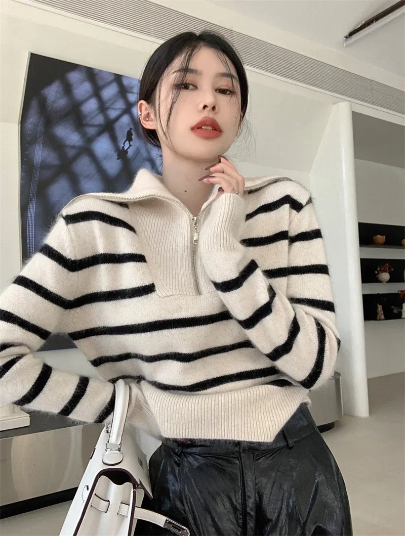 Women's Autumn Winter New Fashion Retro Lapel Half Zipper Contrasting Stripes Sweater Casual Long Sleeved Loose Knitted Coat