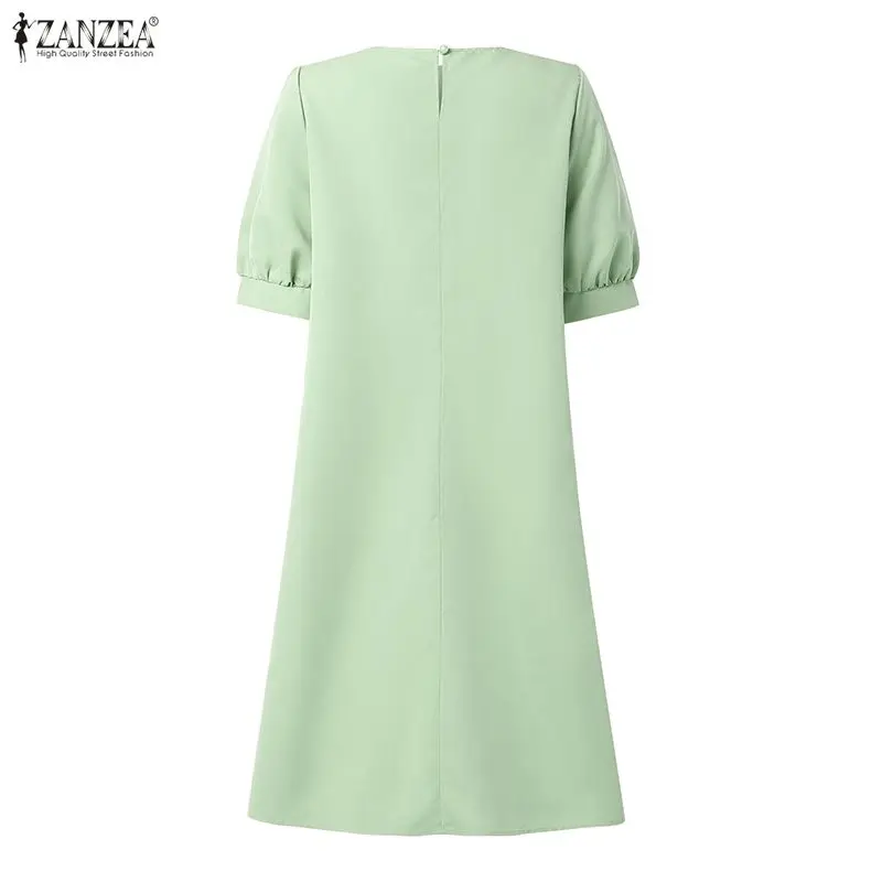 Fashion ZANZEA Summer Short Sleeve Women Dress Puff Sleeve Solid Color Pleated Dresses O Neck OL Work Party Vestidos Streetwear 5