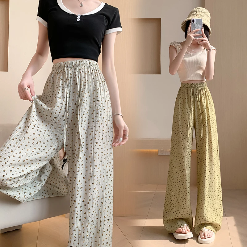 

Korean floral casual pants for women in spring and summer, new high waisted, straight and lazy style, draping and wide legs