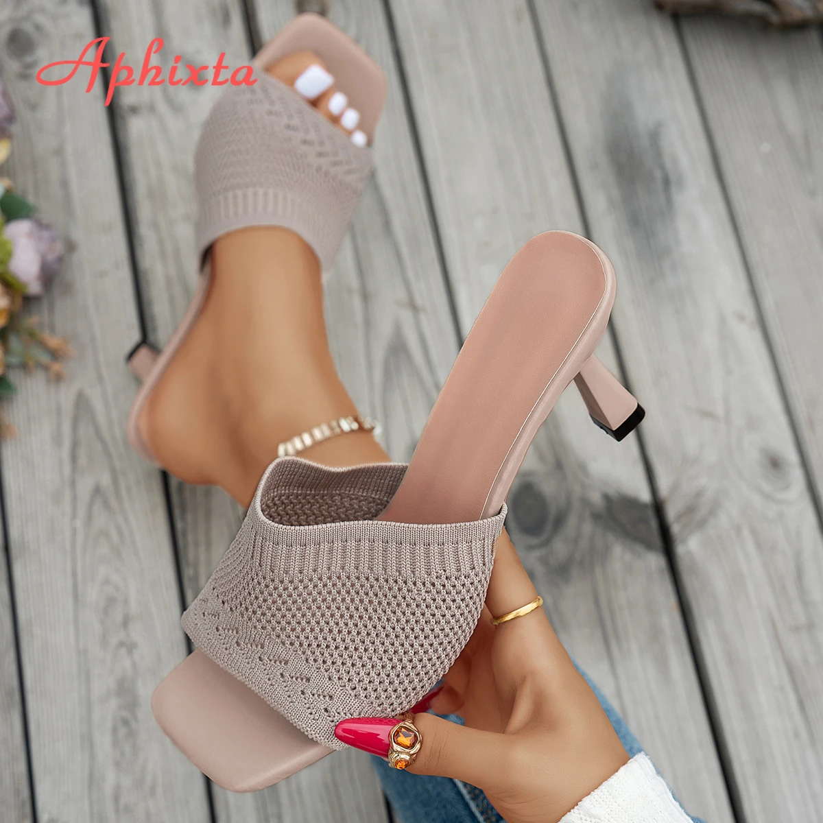 Aphixta Women 7CM High Heels Mules Woman Slides Stretch Fabric Fashion Slippers For Women Summer Shoes Woman 2025 Trend Shoes