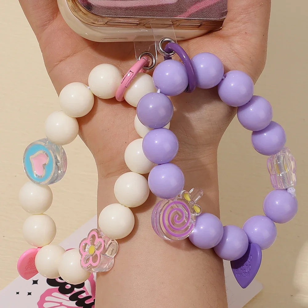 Colorful Round Bead Mobile Phone Bracelet Anti-lost Phone Lanyard Short Wrist Bracelet Pendant Women's Hand-held Phone Keychain