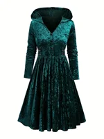 European and American fashion retro style large-sized velvet imitation button hooded dress with pleated sleeves A-line dress - Image 3
