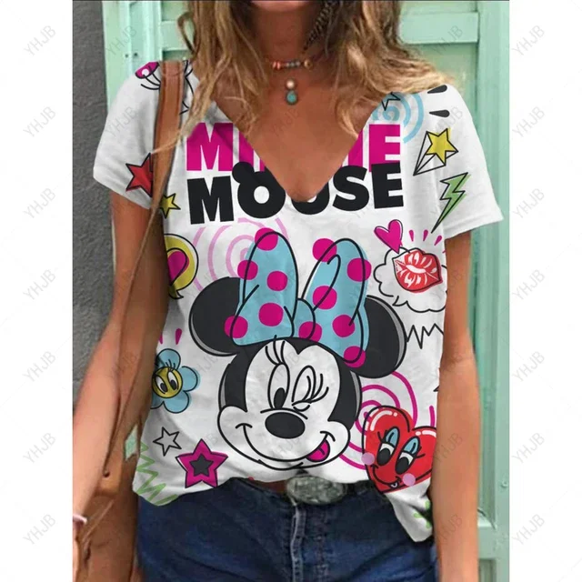 thumbnail image 1 of Camisetas de cuello en V de verano de dibujos animados de Disney Minnie 2024 para mujer, camisetas casuales de gran tamaño con estética de Mickey en 3D, camisetas de moda Harajuku, 1 of 5