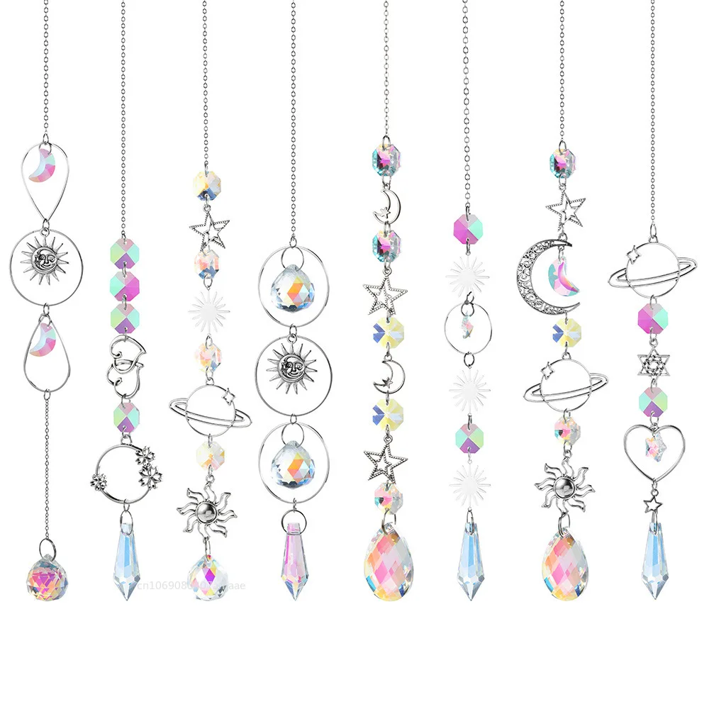 Silver Suncatcher Crystal Moon Lotus Chakra Hanging Garden Decoration Sun Catcher Rainbow Maker Stained Glass Outdoor Decor Gift crystal sun catcher,crystal hanging decoration,crystal ornament,crystal wall hanging,glass pendant ornament,crystal light catcher,window hanging suncatcher