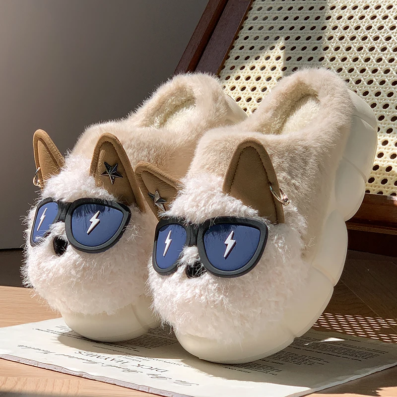 New Cartoon Fluffy Slippers Women Indoor Home Winter Plush Cotton Shoes Woman 2025 Thick Sole Warm Dog Slides Couple Shoes 45