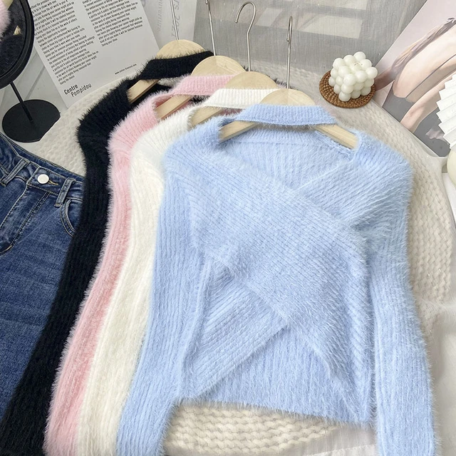 Knitted Hollow Out Sweater Korean Style Women Fluffy Cross Sweaters Y2K  Short Pullover Female Casual Ladies Clothes Dropshipping - AliExpress
