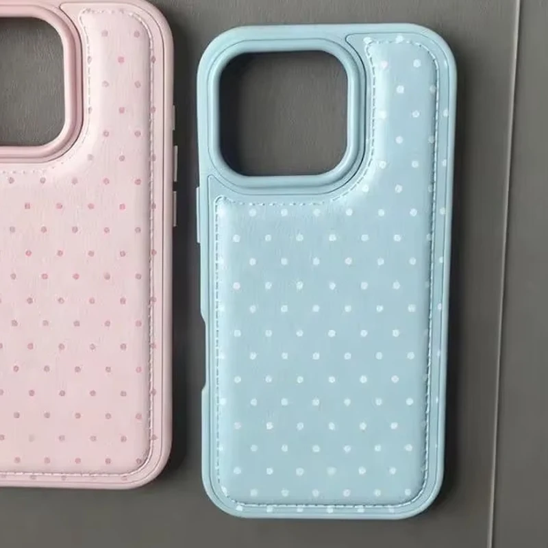 Korean Blue and Pink Polka Dots Shockproof Leather Phone Case