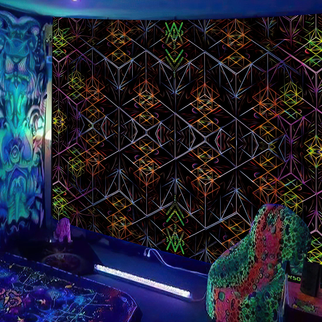 Black Light Tapestry UV Reactive Psychedelic Mushroom Fractal Art Wall Hanging Bedroom Dorm Separate Room Decoration