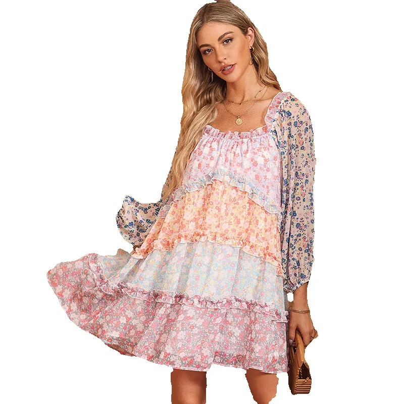 

Early Autumn New Colored Fragmented Flower Dress Sweet Style Pullover One Line Neck High Waist Knee Length Short Skirt