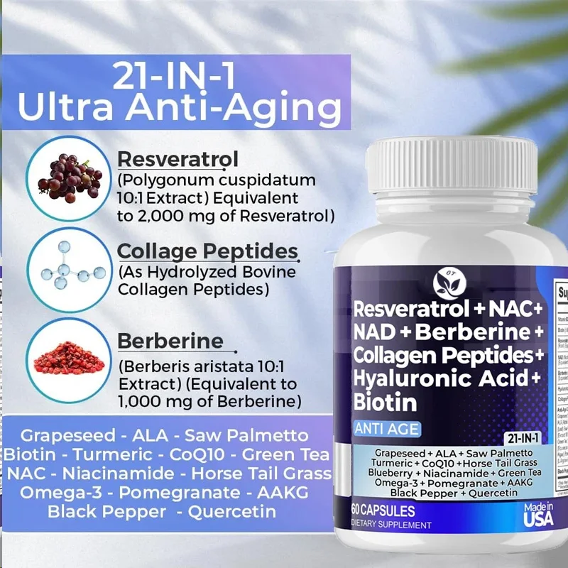 Nad+ Resveratrol Supplements Collagen Supplements Resveratrol Nad Aspartate Hyaluronic Acid Grape And Blueberry Collagen Peptides Hair Nail Skin And Joint Supplements Capsules