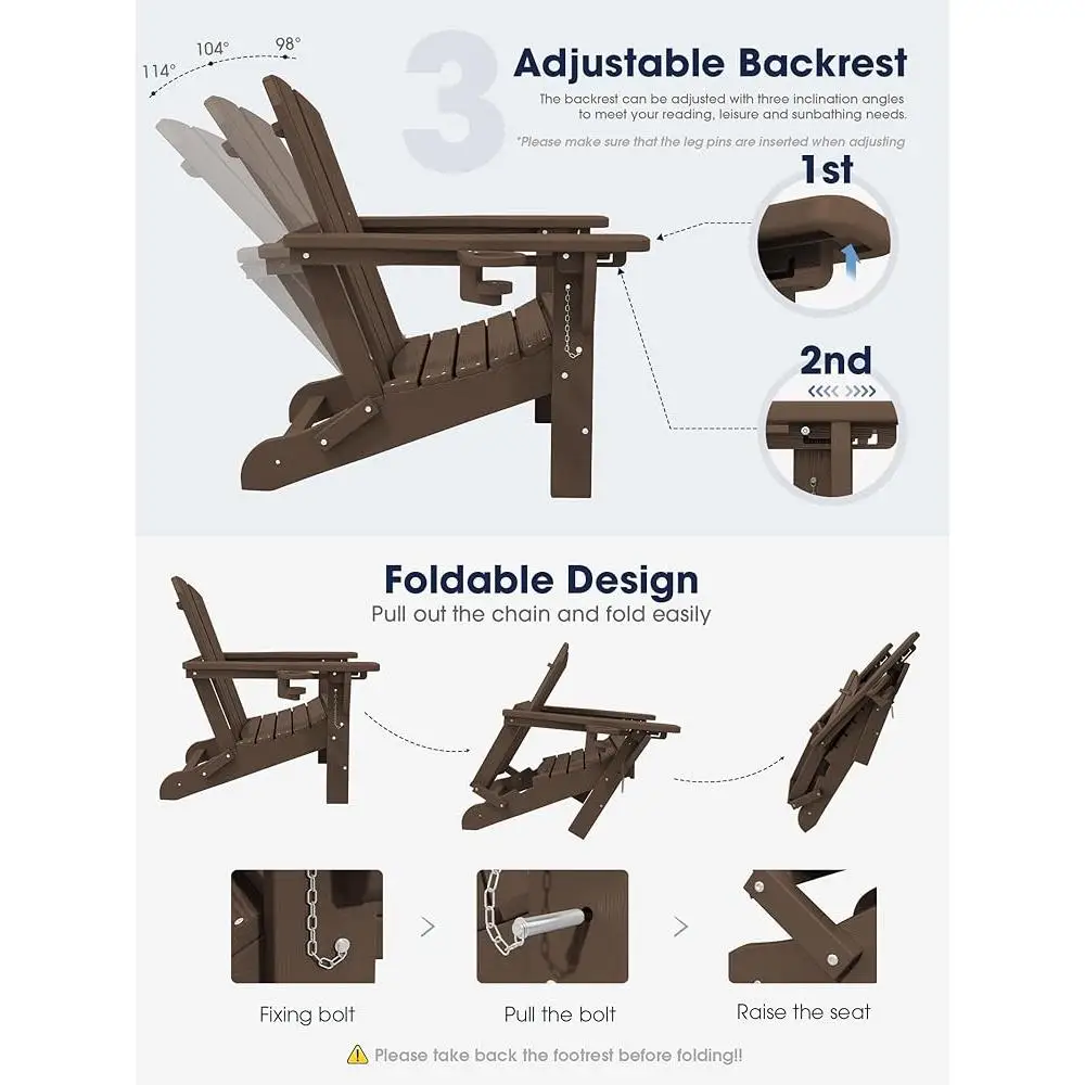 Folding Adjustable Adirondack Chair Set with Ottoman and Cup Holder Outdoor Relaxation Oversized Reclining Lounger 2 Pcs 5