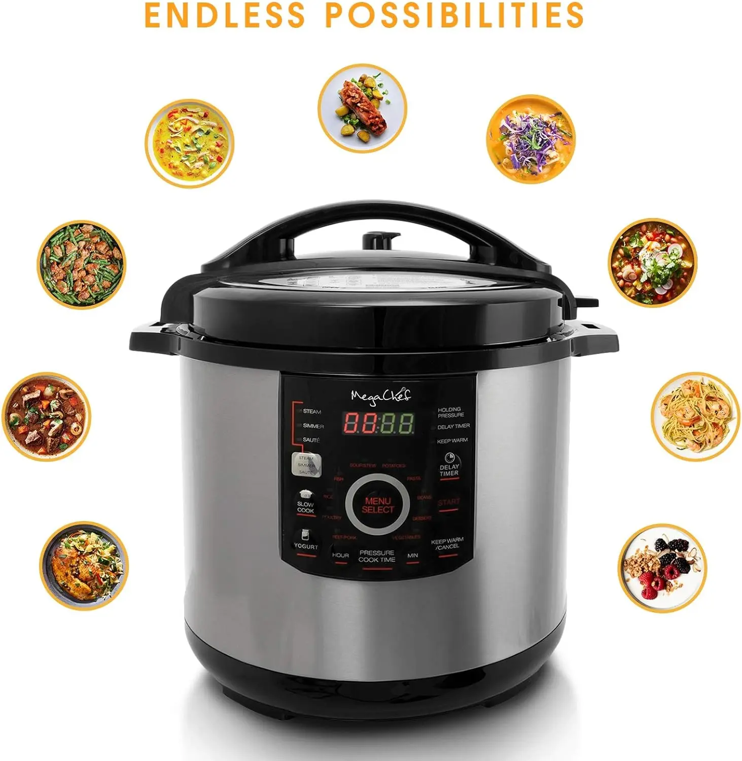 Digital Pressure Cooker with 15 Preset Options and Glass Lid, Silver