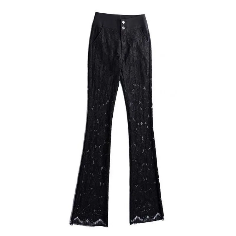 Elegant Vintage Lace Hollow Out Flare Pants for Women 2024 Spring New Office Lady Commuter High Waist Sashes Button Trousers Y2k