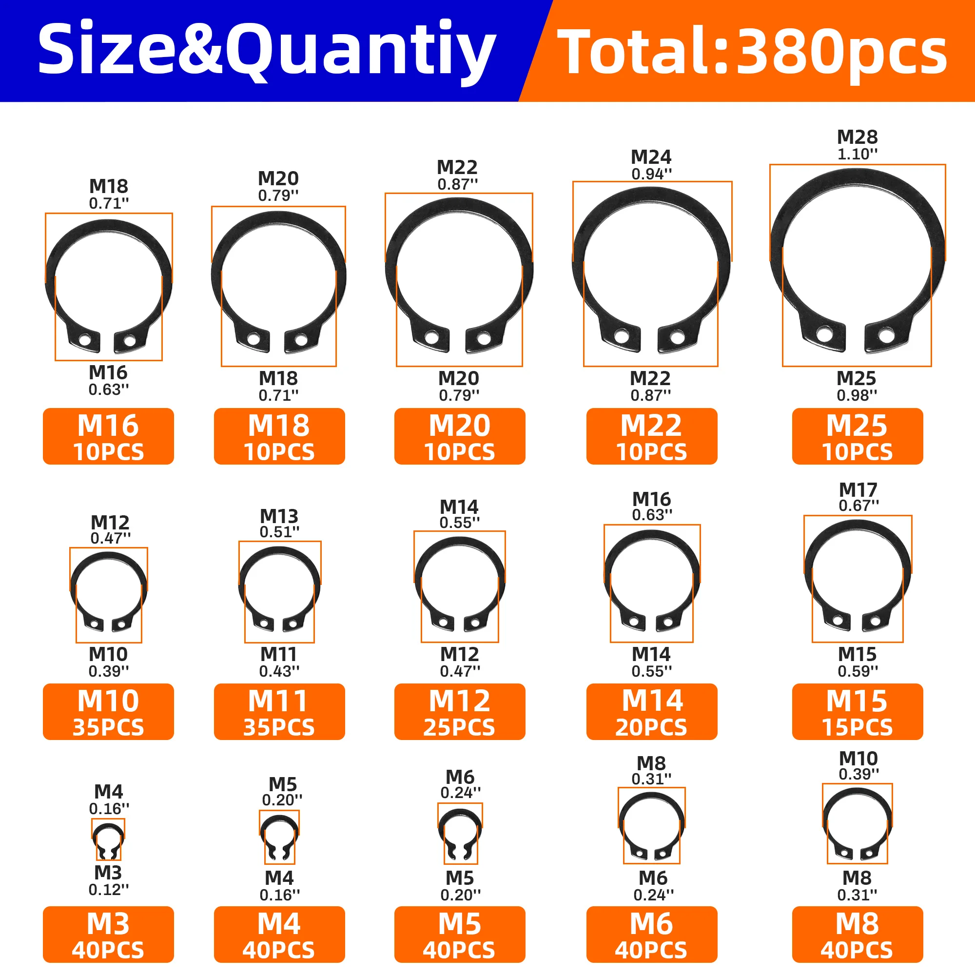 Manganese Steel Snap Ring 200/380pcs Clasp Store Category External Clasp Fixed Set Shop Assortment For Mechanic