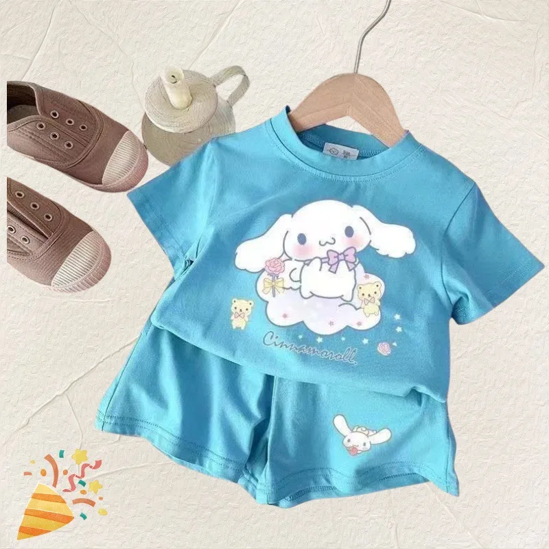 Sanrio Kuromi Kids Cinnamoroll Cartoon T-shirt Top with Shorts Set Cute My Melody Girls Boys Summer Short Sleeved 2pcs Outfits 3