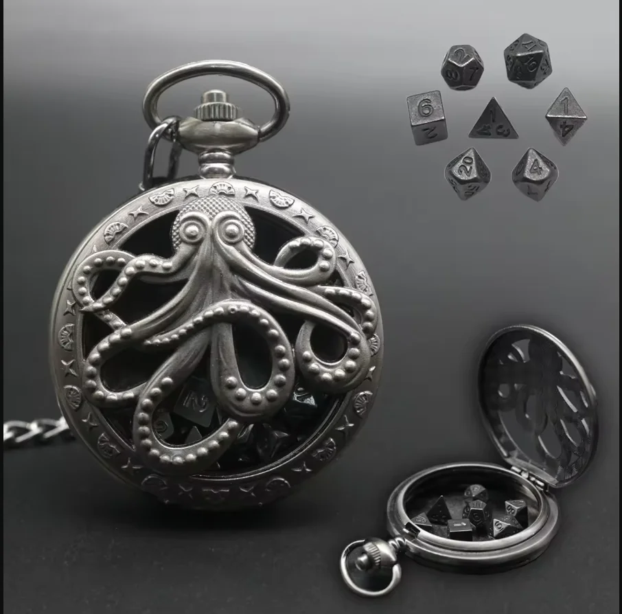 Hollow Pocket Watch Dice set Dragon Dice Pocket Watch Case for Gifts DND Case with Mini Metal Set shell dice set dice storage case