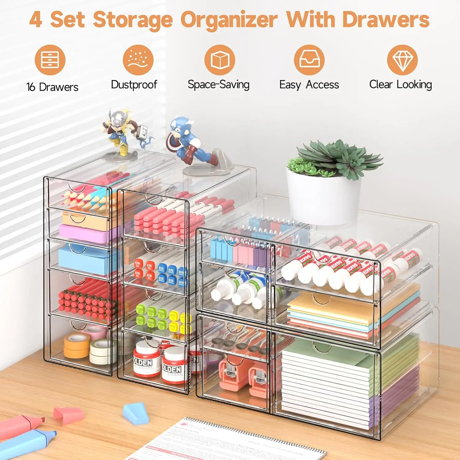 Makeup Drawer Storage Organizer with 16 Drawers, 4 Set Acrylic Office Desk Organization and Storage, Dustproof Drawer Organizer 5