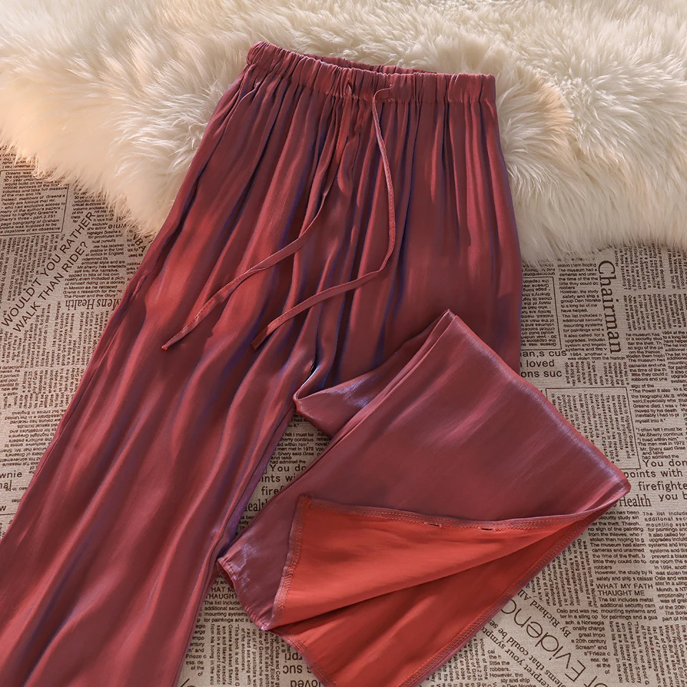 

Side split design shining chiffon straight wide leg pants women summer trousers loose calf Length casual elastic waist pants
