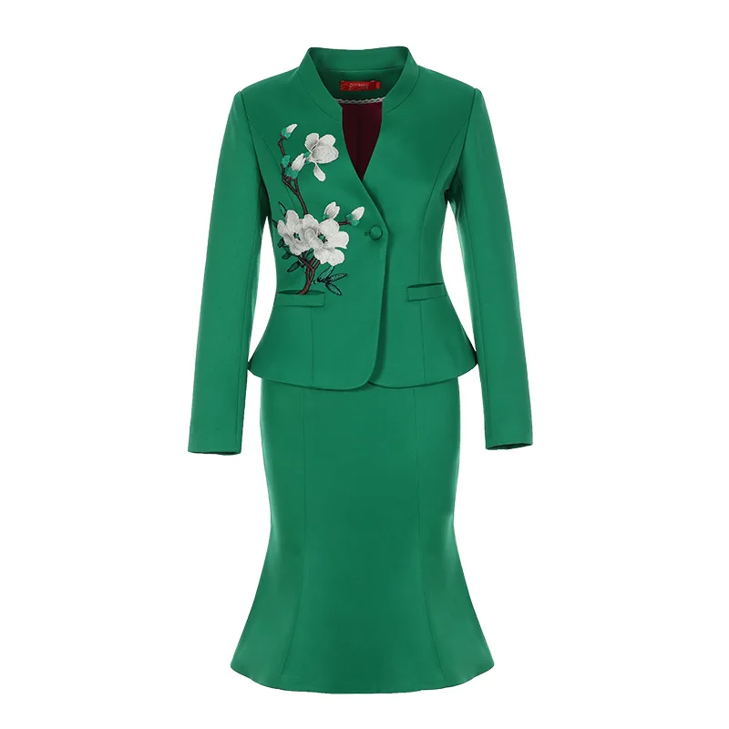 thumbnail image 1 of Nuevos trajes de falda profesionales chinos, uniforme bordado, conjunto de dos piezas, blazer y trajes, ropa de oficina de lujo verde de alta gama para dama, 1 of 4
