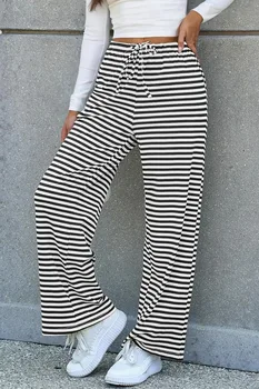 2026 Casual Striped Wide Leg Pants Women High Waist Drawstring Loose Trousers Streetwear Soft Bottoms Female Joggers