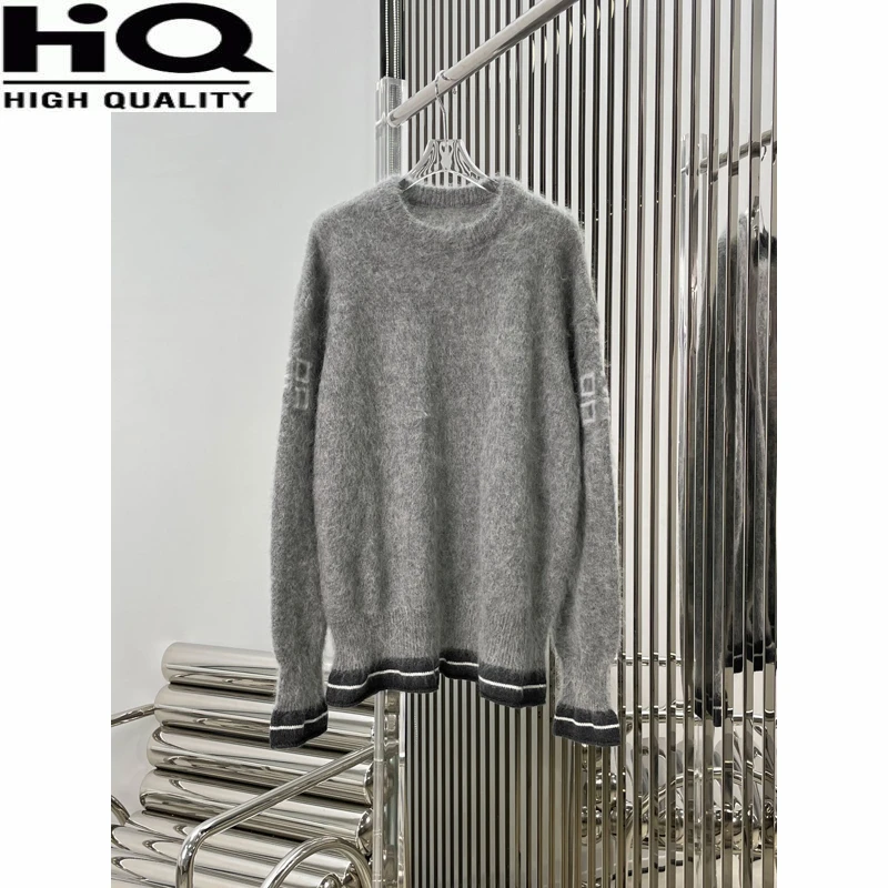 

1 Women Gray Crew Neck Long Sleeve Back Letter Print Mohair Knitted Loose Pullover Sweater