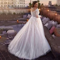 Elegant V-Neck Wedding Dresses Plus Size Lace Long Sleeve Women White Open Back Bridal Gown Train Vestidos De Novia Customized 2