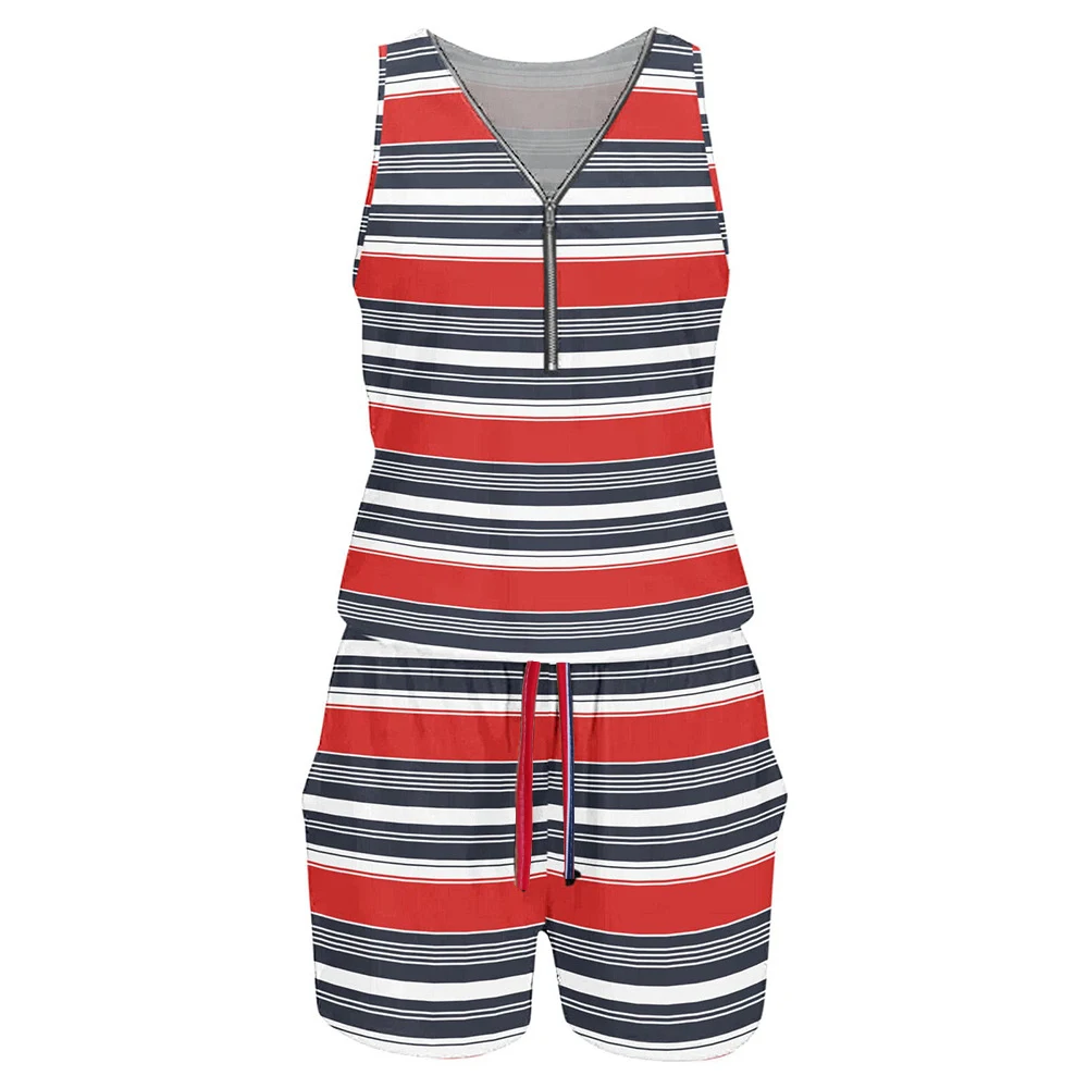 2023 summer new hot sales stripe color block print one piece shorts sleeveless zipper v neck one piece 4