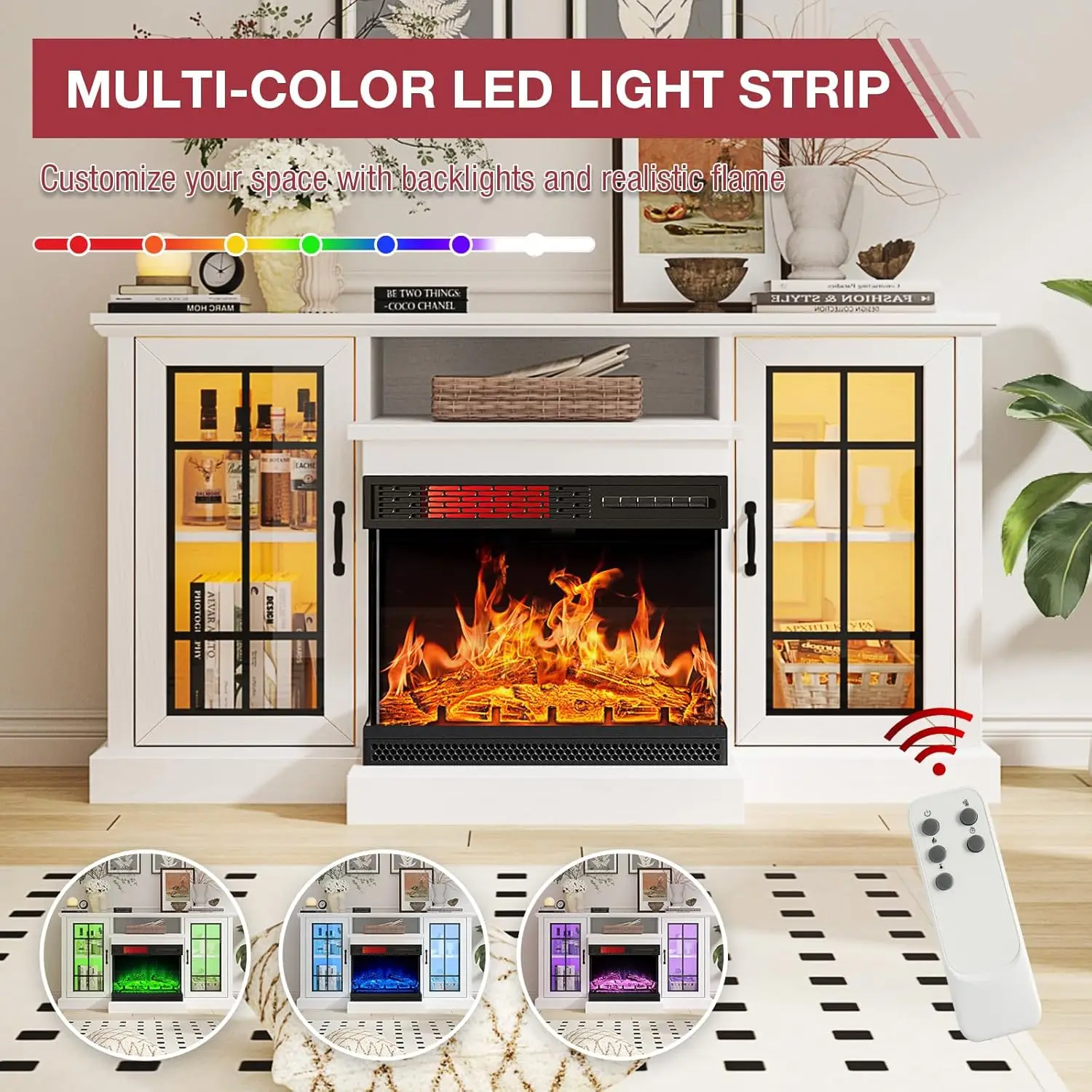 59'' Fireplace TV Stand, 3 Sided Glass Media Entertainment Center Console Table for TVs up to 65'' with Glass Door Adjustable 3