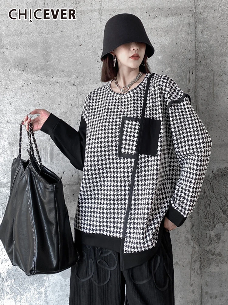 

CHICEVER Houndstooth Sweatshirt For Women Round Neck Long Sleeve Patchwork Hit Color Irregular Sweatshirts Female Autumn Clothes