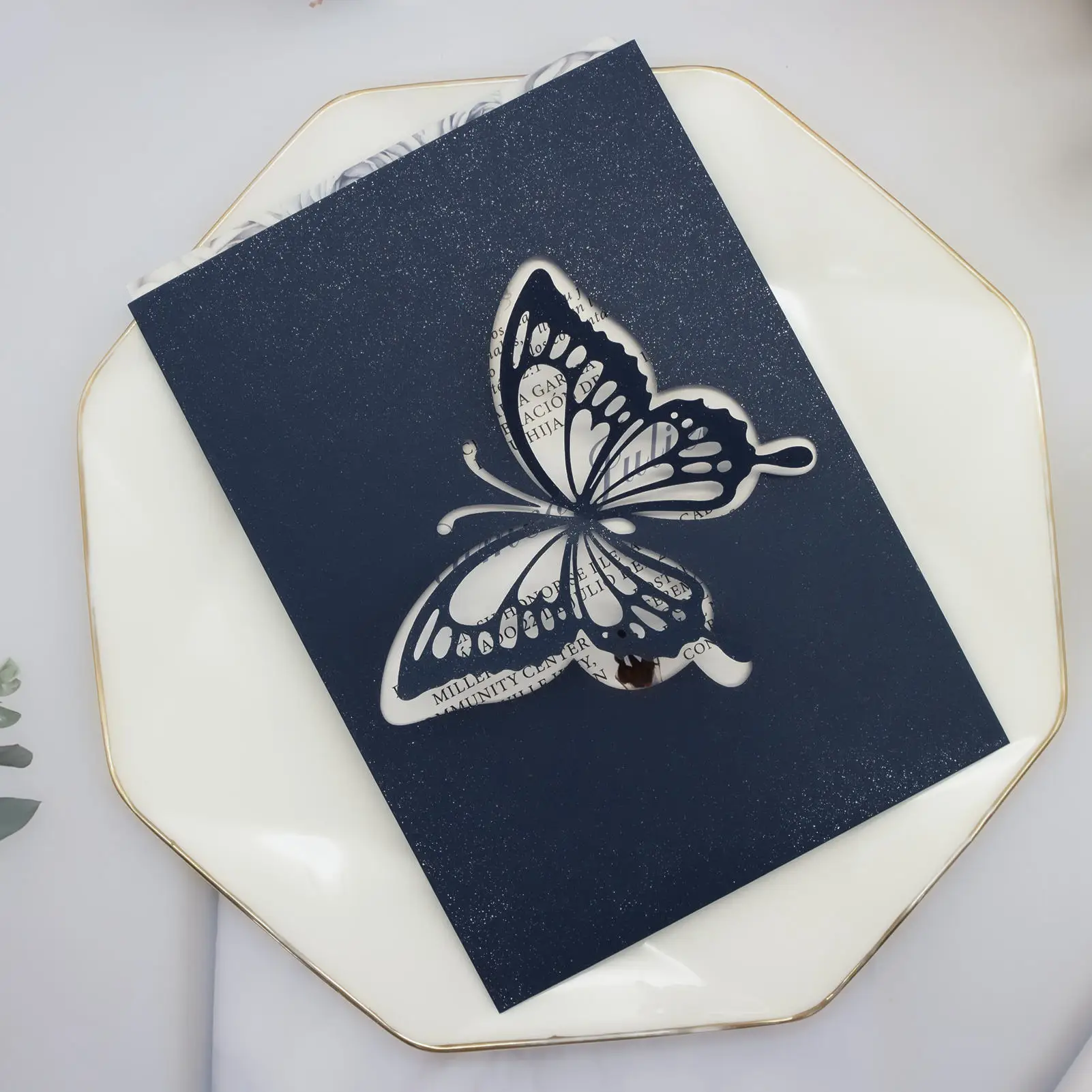 1pcs Navy Blue Rose Gold Glitter Laser Cut Silver Blush Butterfly Birthday Wedding Invitation Card Quinceanera Black Invitations