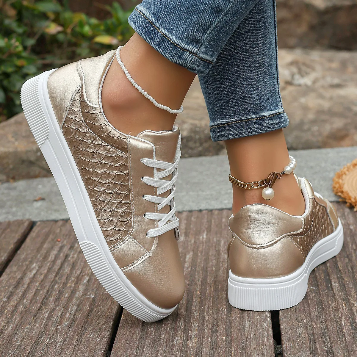 Übergrößen 42 Damen Gold Silber Sneakers Frühling Herbst Neue Damen Mode Schnürschuhe Weiche PU-Leder Boardschuhe Damen Freizeitschuhe – Detail 11