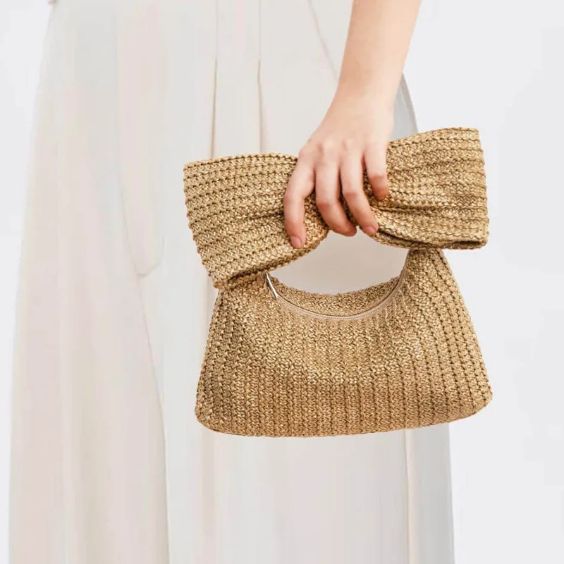 2024 New Summer Straw Woven Clutch Bag Luxury Design Women Bow Purse Evenging Handbags Vacation Beach Tote Formal Party Wedding