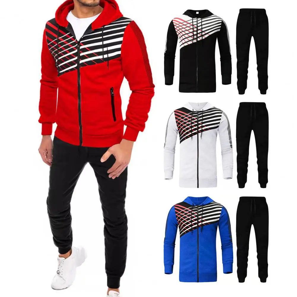 

2Pcs/Set Men Coat Pants Suit Hooded Striped Color Matching Zipper Ankle-banded Thick Winter Fall Tracksuit Jacket Trousers Set