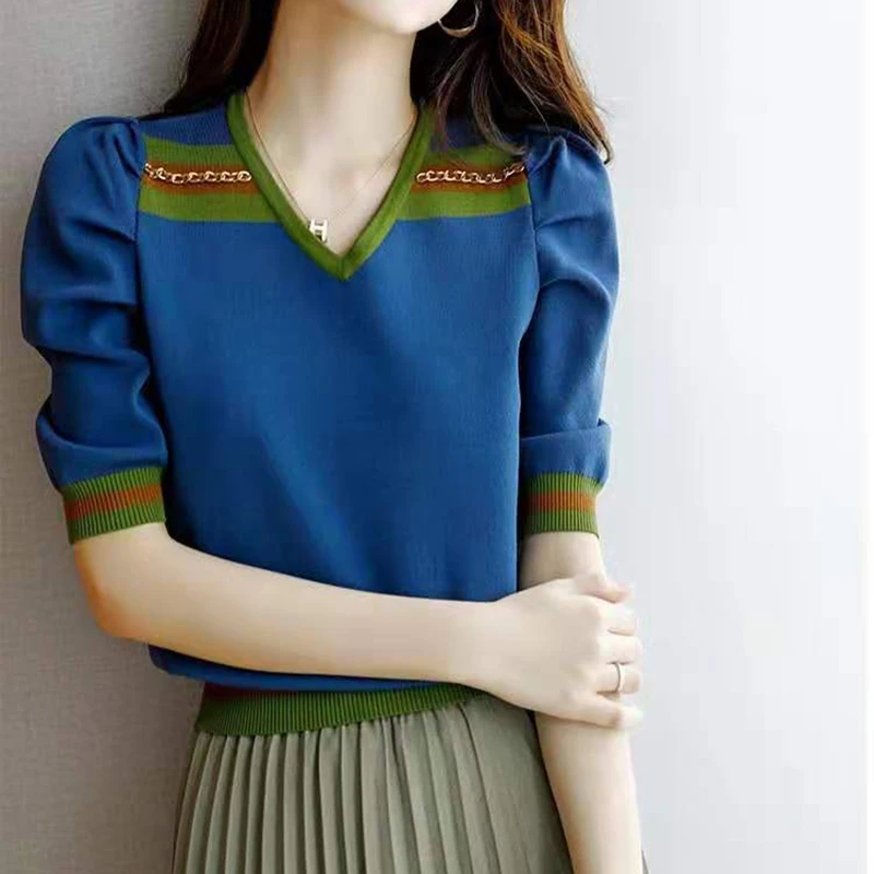 

Tee Shirt Femme Summer Contrast Color Camisetas Thin T Shirt Women Top Short Sleeve Knitted Tshirts Korean Fashion Woman Clothes