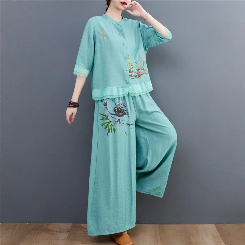 Spring Summer Women Leisure Large Size 5XL 2PCS Middle Aged Mother Mother Cotton Linen Suit 2025 Female Embroidery Two-piece Set