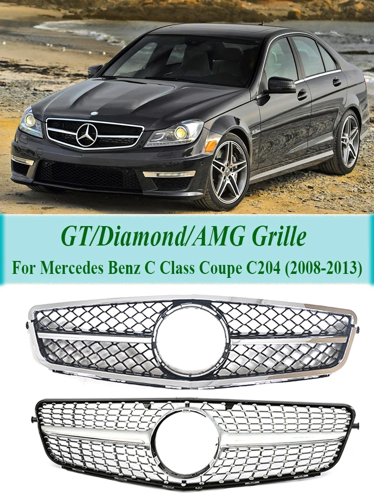 

Передний бампер для Mercedes Benz C Class W204 C180 C200 C300 C350, гриль в алмазном стиле Parrilla 2008-2013 C180k, серебристый