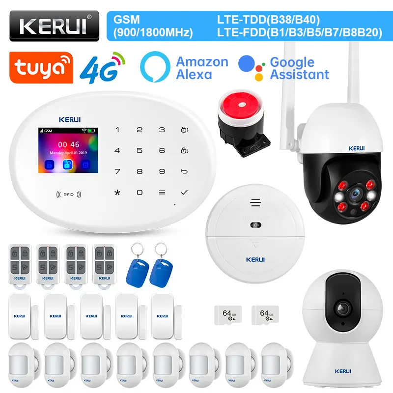 

KERUI Smart Home W204 4G WIFI GSM Alarm System Wireless Home Alarm Kit Tuya Smart APP Alexa with Motion Sensor Detector Siren