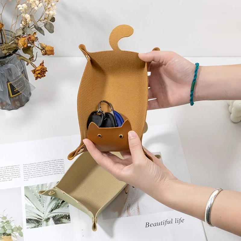 Cute Cat Shape Leather Storage Tray Dice Box Coin Desktop Jewelry Box Makeup Key Tray DIY Household Folding Tray Storage Case 3