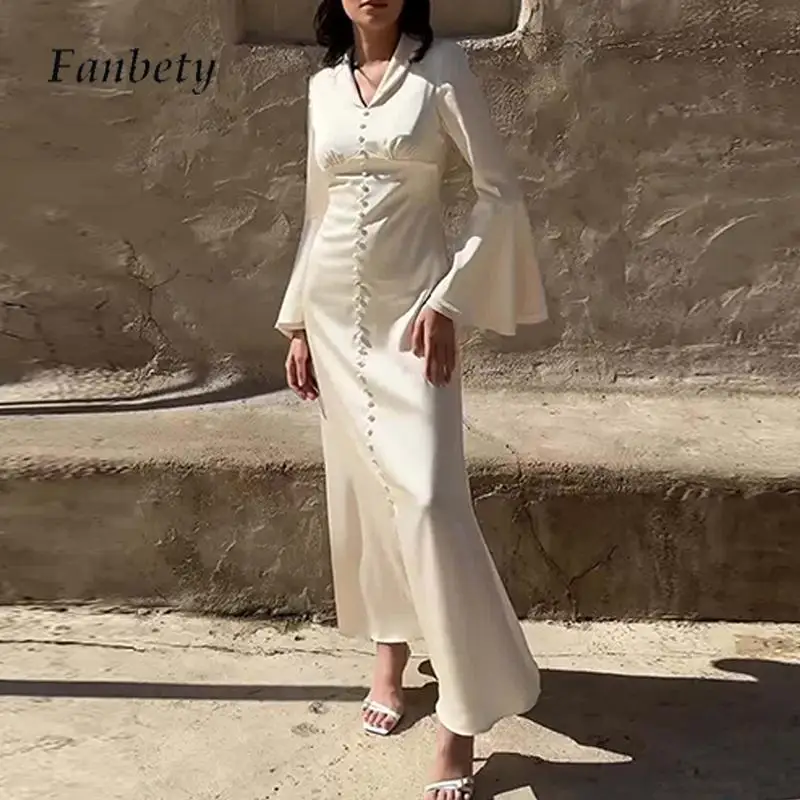 

Fashion Lapel Single-Breasted Split Dress French Solid White Satin Slim Fit Dress Autumn Ladies Flare Sleeve Waisted Long Dress