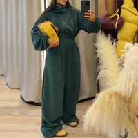 BKLD Hipster Trend Workout Lapel Jumpsuit Zipper Long Sleeves Solid High Elastic Waist Ruched Fall Winter 1Piece Romper Overalls