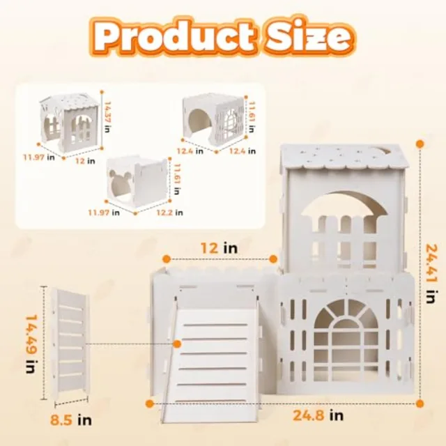 Large Rabbit House Wooden Bunny Castle with Indoor Rabbit Guinea Pig Cage Multistory Climbing Tower Sturdy Wooden Castle Small