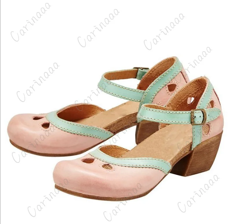 Women Summer Mid Heel Hollow Out Casual Sandals Elegant Retro Ladies Pumps Ankle Color Block Buckle Straps for women sandals