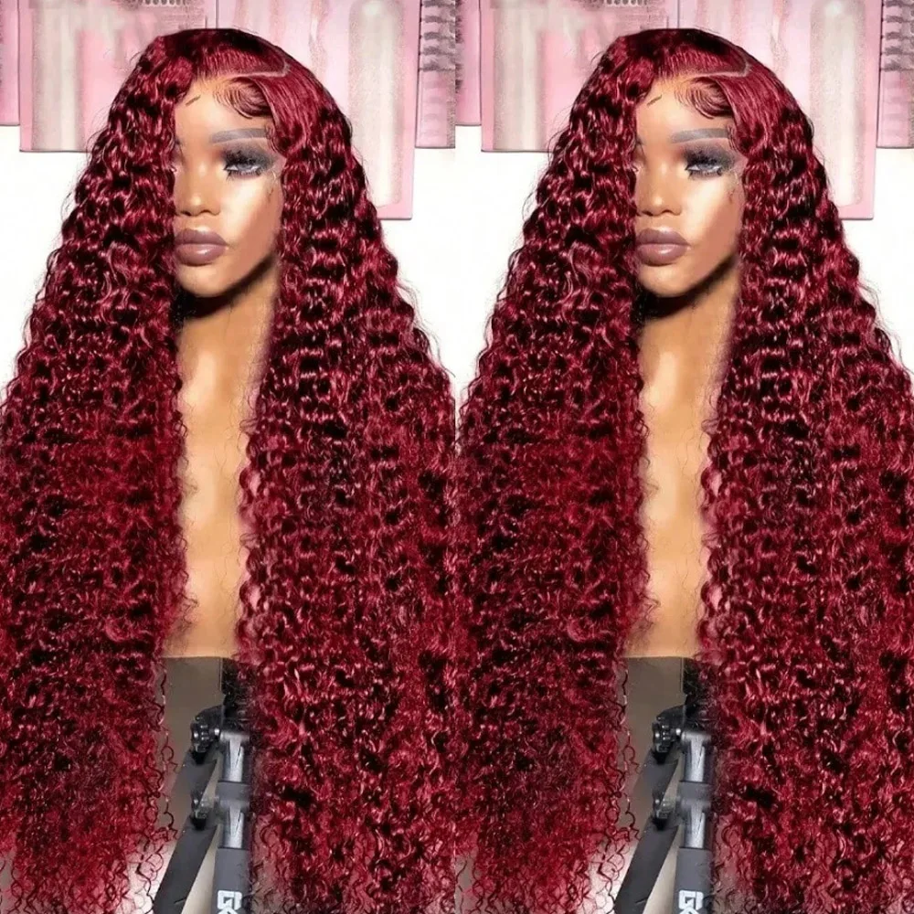 32 Inch 250% Density 99J Burgundy Deep Wave 13x4 HD Lace Frontal Human Hair Wigs Preplucked 99J Lace Front Wig for Women