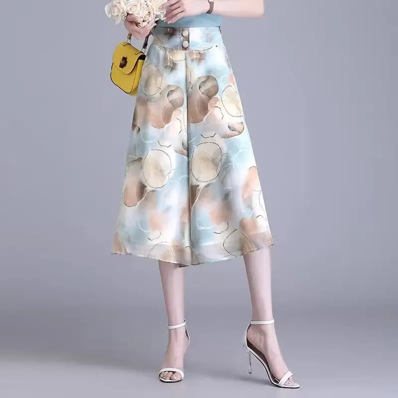 Elegant Printed Elastic High Waist Chiffon Floral Wide Leg Pants Women's Clothing 2024 Summer New Loose Office Lady Capri Pants