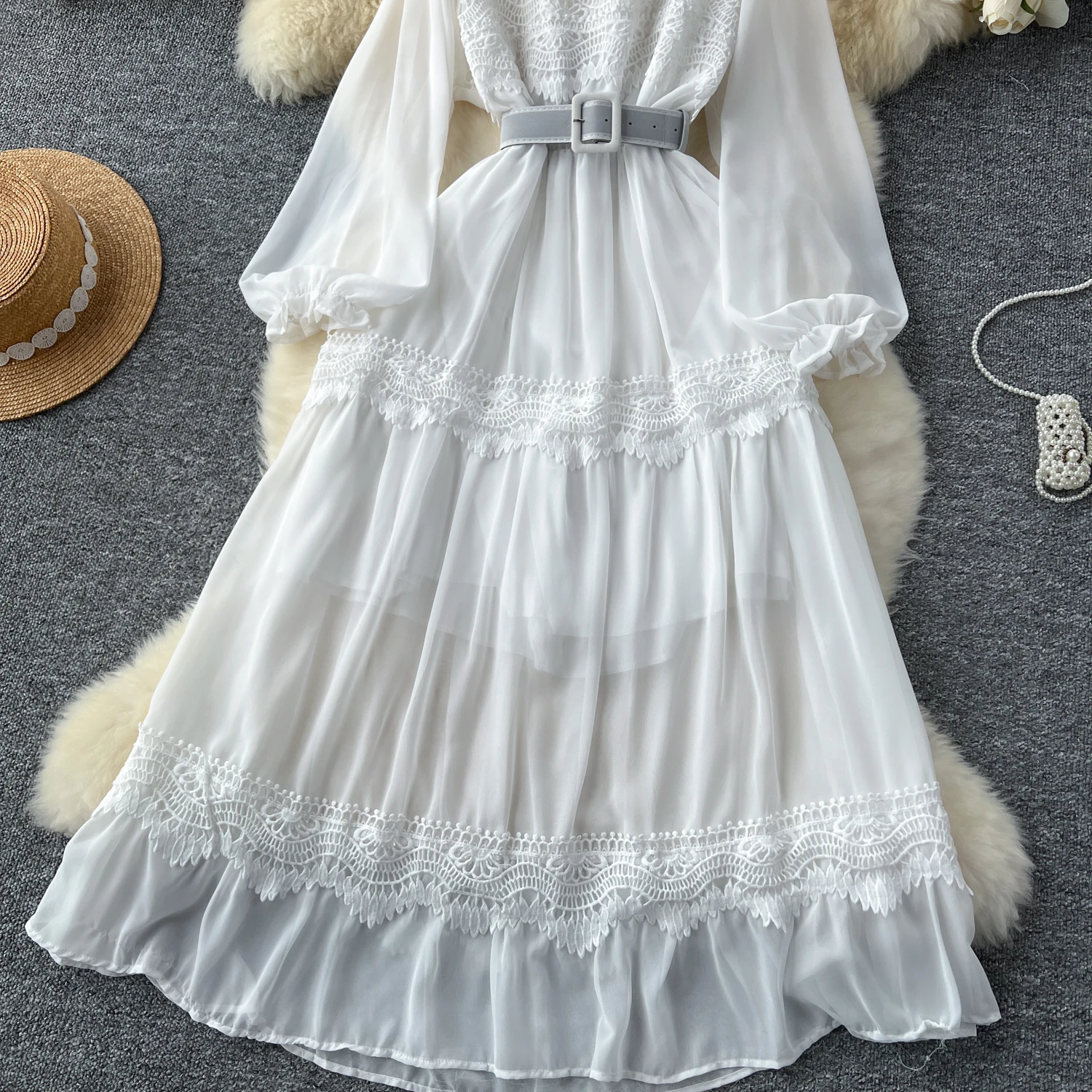 French Vintage O Neck Hollow Out Lace Patchwork Long Lantern Sleeves Korean Fashion Dresses Women's Autumn Waist Sweet Clothing
