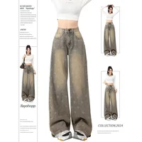 Plus Size Women's Retro Embroidered Slim Straight Denim Jeans High Waist Wide Leg Pants Cross Design Trendy plus Size Clothes