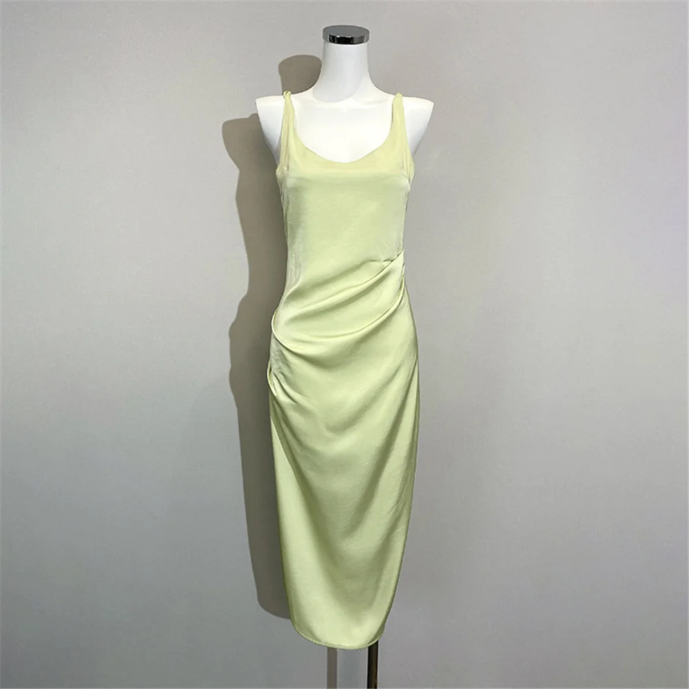 

NEW Summer New Sexy And Elegant Slim Fit Sleeveless Suspended High Quality Draping Satin Dress For Women